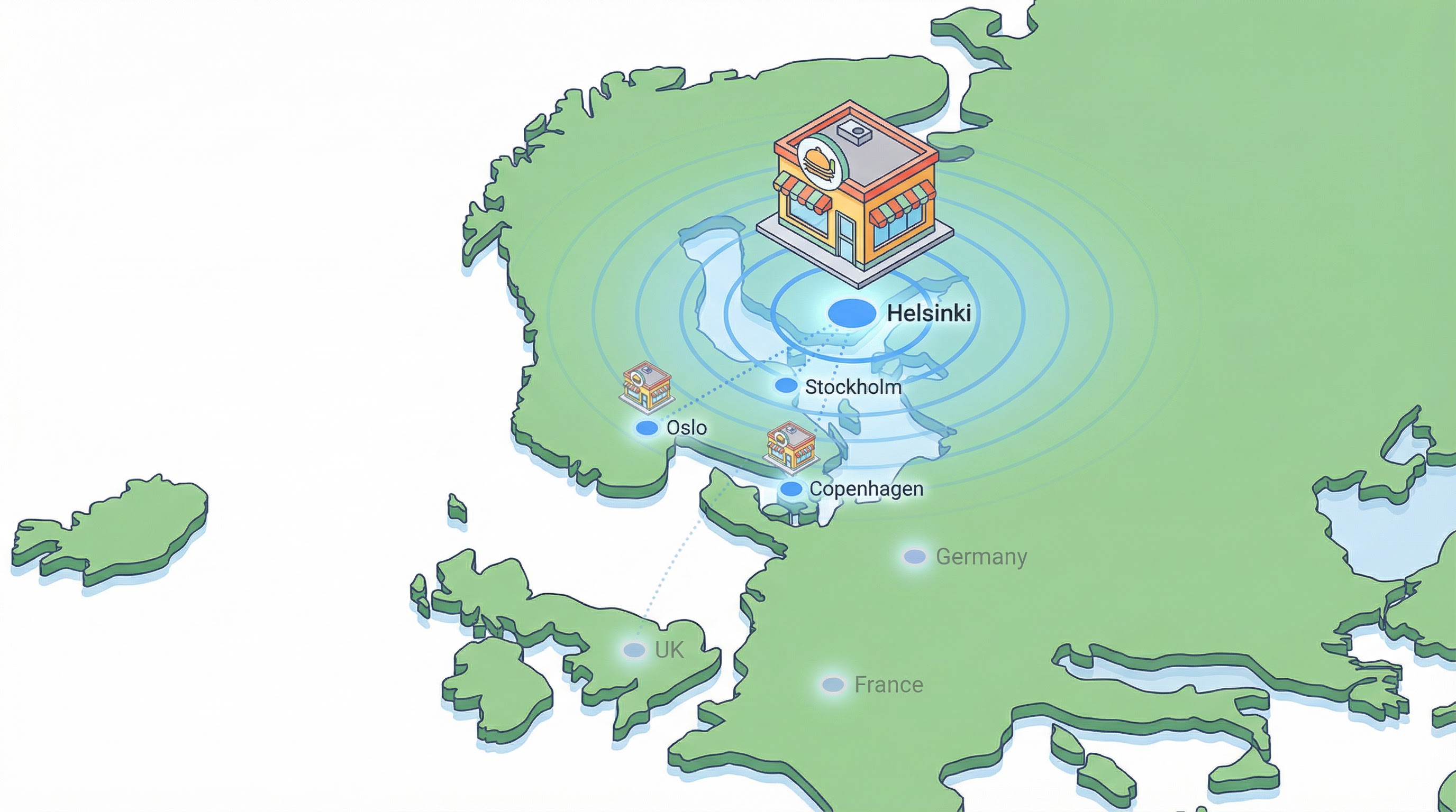 Expansion map from Helsinki to Nordics to Europe
