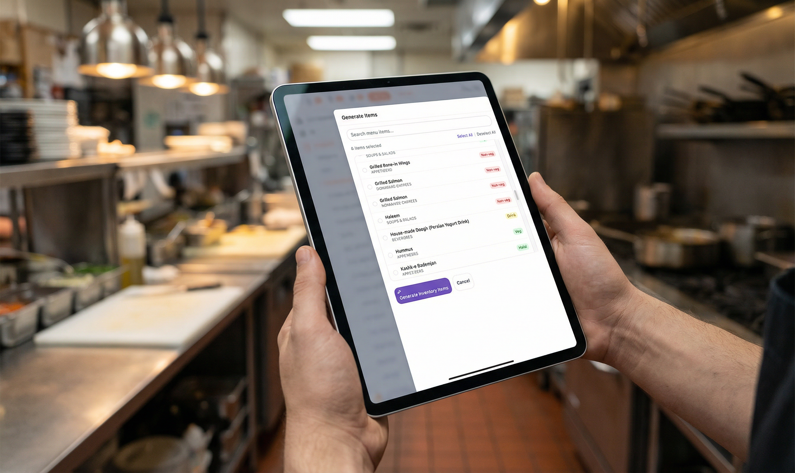 Sentiami inventory management on tablet in kitchen
